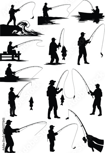 Silhouettes of fishermen in diverse fishing scenarios from shore, dock, bench, and boat with rods, fish, and outdoor elements.