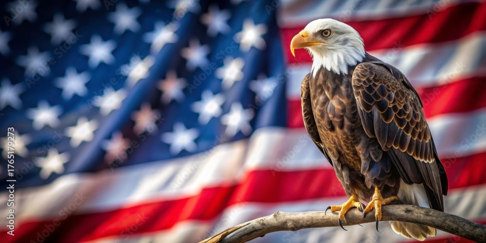 Naklejka premium Majestic Bald Eagle Perched Against American Flag Background