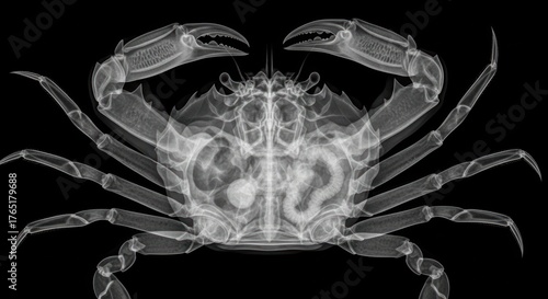 X-ray image of a crab, revealing its internal structure and skeletal system against a dark background.