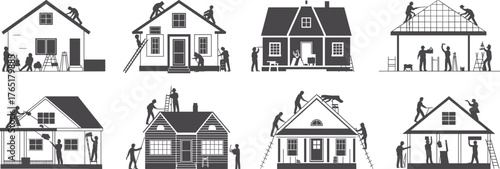 Construction workers building houses, roofing, painting, repairing, installing windows, ladders, teamwork, silhouettes, black and white, residential architecture, home improvement, labor, 