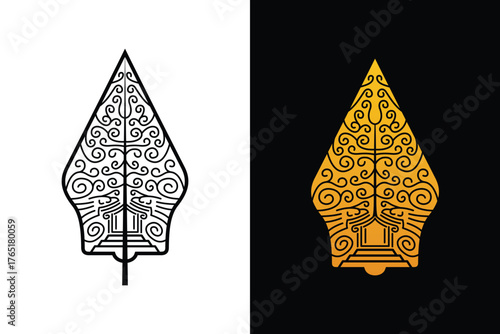 Gunungan Kayon Javanese Indonesian Traditional Wayang Puppet Art Show Cultural Pattern Black Gold Outline Vector 