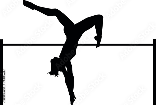 Silhouette of female gymnast performing on horizontal bar and artistic gymnastics routine isolated on white. Woman training strength and balance vector illustration design