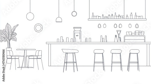 Wallpaper Mural Minimalist bar interior design blueprint, with bar, seats, and table Torontodigital.ca