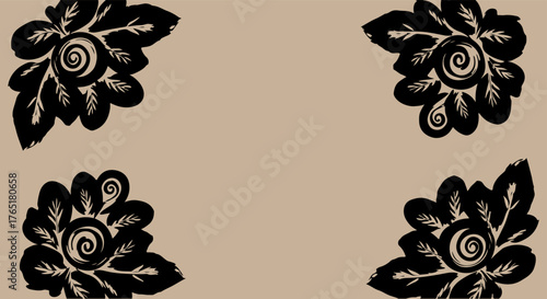 Four black floral corner ornaments on a neutral background