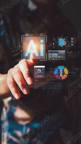 A person's hand touches a futuristic holographic interface. The glowing 'AI' icon is central, surrounded by complex data charts, graphs, and analytics on a virtual screen.