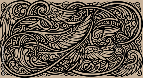 Intricate black and tan art nouveau style illustration with swirling organic forms and feathers