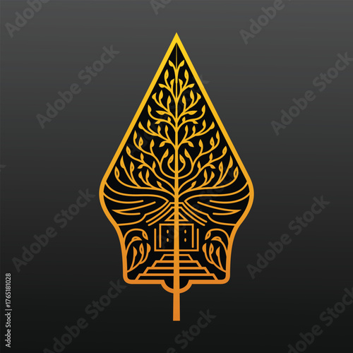 Gunungan Kayon Javanese Indonesian Traditional Wayang Puppet Art Show Cultural Pattern Black Gold Vector