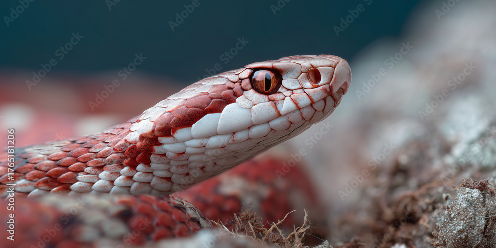 Fototapeta premium A captivating close-up of a snake's head with piercing eyes, showcasing intricate patterns and textures. The snake is the focus of the shot, highlighting its unique beauty