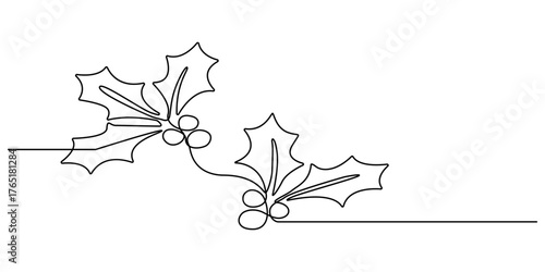 One continuous line drawing of Christmas greeting card. Festive candle with snowflake and christmas tree toy for winter xmas holiday concept in simple linear style. Doodle contour vector illustration