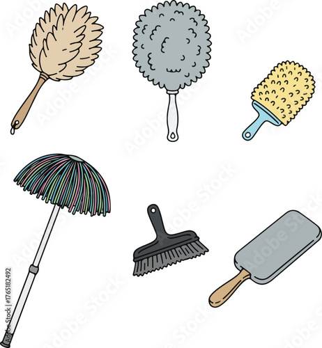 Types of Dusters, Household Cleaning Tools Vector Illustration