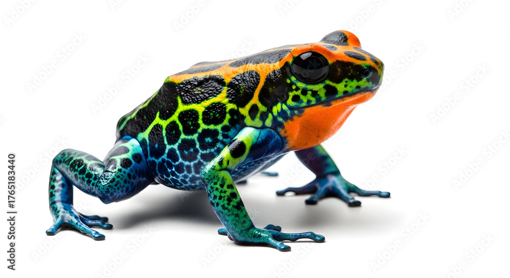 Fototapeta premium Vibrant poison dart frog with striking red, blue, and black markings pattern, captured in stunning detail on isolated white background.
