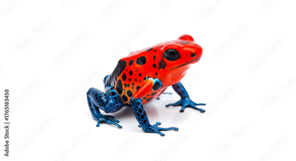 Fototapeta premium Vibrant poison dart frog with striking red, blue, and black markings pattern, captured in stunning detail on isolated white background.