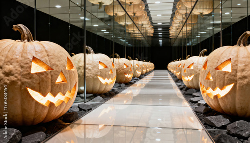 Long halloween display of lighted jack-o'-lantern pumpkins