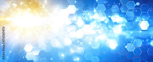 Hexagons glowing with light, blue, white, and gold hues