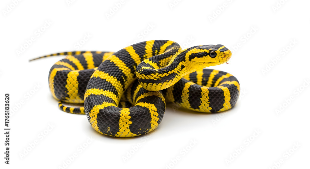 Fototapeta premium A vibrant yellow and black striped snake coiled in a striking pose, exuding danger and fascination, perfect for illustrating wildlife, nature, or conservation themes on isolated white background.