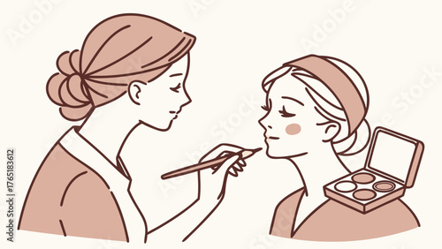 Beauty artist crafting natural no-makeup glam for morning host with portable kit and soft peach tones vector