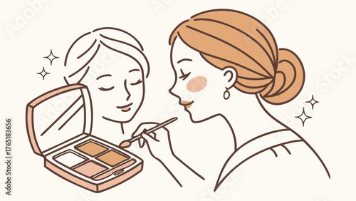 Beauty artist crafting natural no-makeup glam for morning host with portable kit and soft peach tone