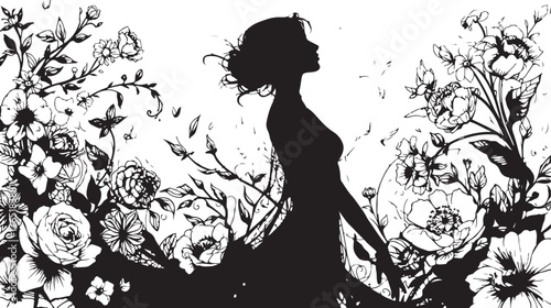 Elegant Woman Silhouette Surrounded by Highly Detailed Black and White Floral Composition
