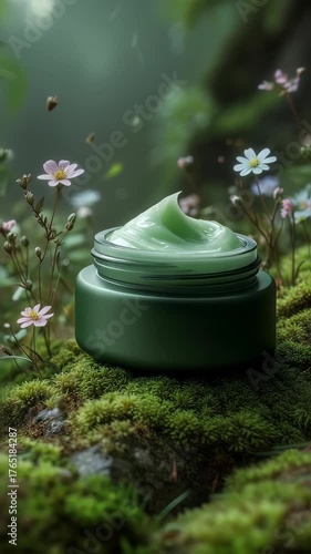 A matte green cosmetic face mask jar product on moss with tiny wildflowers around