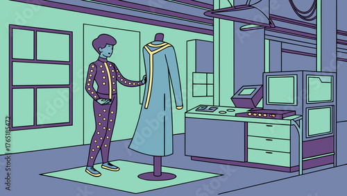 Fashion tech lab testing smart LED fabric on mannequin — designer exploring wearable tech in studio vector