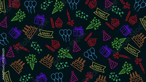 Seamless looping animation with colorful birthday icons such as cakes, candles, balloons, gifts, and confetti on a dark background, creating a festive and joyful celebration mood.
