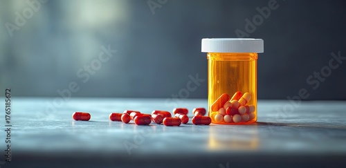 Pills spilled near an amber medicine bottle