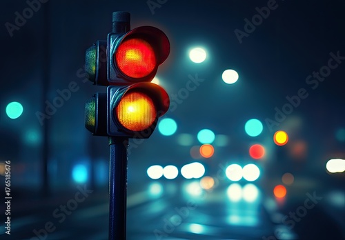Traffic light glows orange/red at night on dark, misty street
