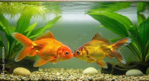 Two goldfish facing each other in an aquarium with plants and pebbles, appearing to almost touch noses.