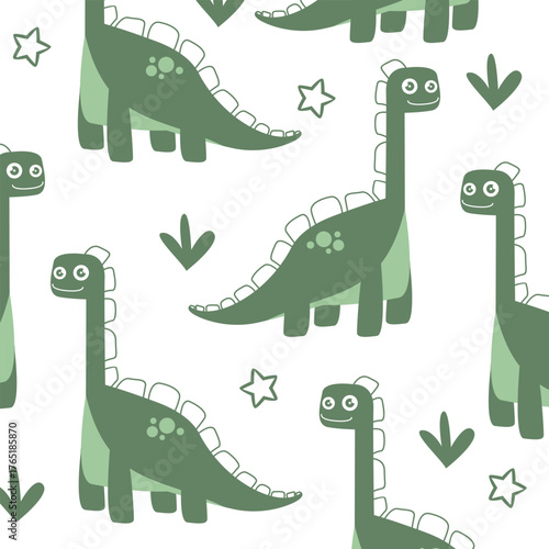 green brontosaur dinosaur with white background seamless pattern vector cartoon design for kids apparel fullprint fabric