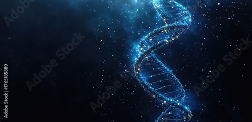 Glowing blue DNA strand amidst dark, sparkling particles