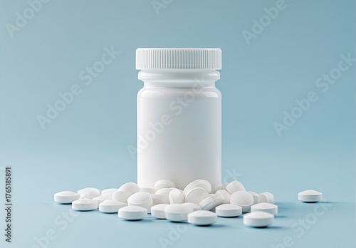 White pill bottle with pills on light blue backdrop
