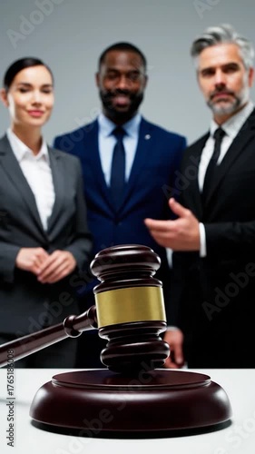 A gavel rests in the foreground, with three individuals in suits as a blurred background