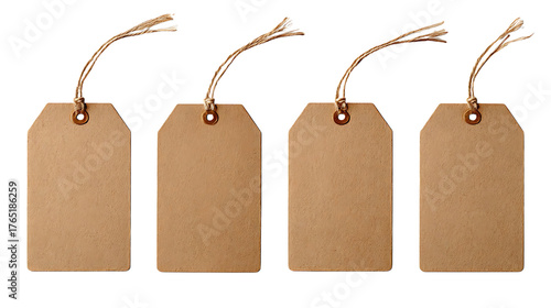 Four Blank Brown Kraft Paper Gift Tags with String on White Background