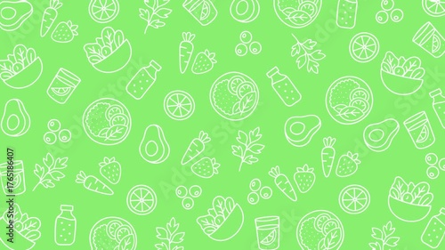 Seamless looping animation featuring healthy food icons like vegetables, fruits, drinks, and salad bowls on a bright green background, symbolizing nutrition and wellness.
