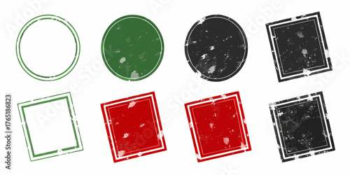 Collection of grunge textured circular and square rubber stamps in green red and black colors