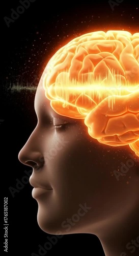 Illustration of a human head silhouette with bright glowing brain and sound waves, symbolizing thought and creativity