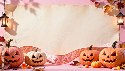 Jack o lanterns and vintage paper on a pink surface for Halloween