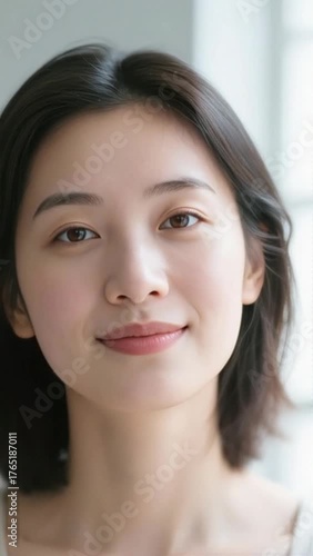 Serene Asian Woman with Natural Beauty and Soft Smile in Bright Indoor Environment with Natural Light