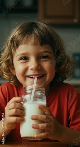 Happy child enjoying a glass of milk in a cozy kitchen setting, perfect for family and nutrition themes