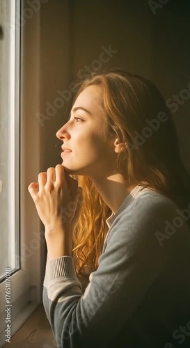 Young Woman Gazing Out Window in Warm Light, Reflecting on Life and Dreams with a Hopeful Expression