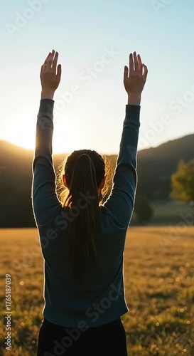 Woman Embracing Nature at Sunrise with Outstretched Arms in a Serene Landscape
