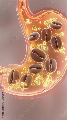 Detailed Anatomical Illustration of Human Stomach with Digestive Process and Nutrient Breakdown