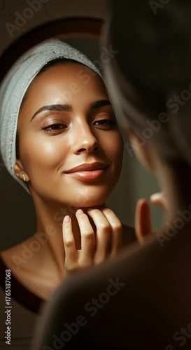 Woman with Towel on Head Gazes into Mirror, Reflecting Peacefulness and Self-Care in Warm Lighting