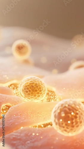 Abstract close-up of soft textures with glowing particles representing microscopic biology and organic forms