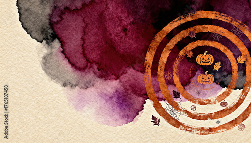 Watercolor Halloween background with pumpkins, autumn leaves, and circles