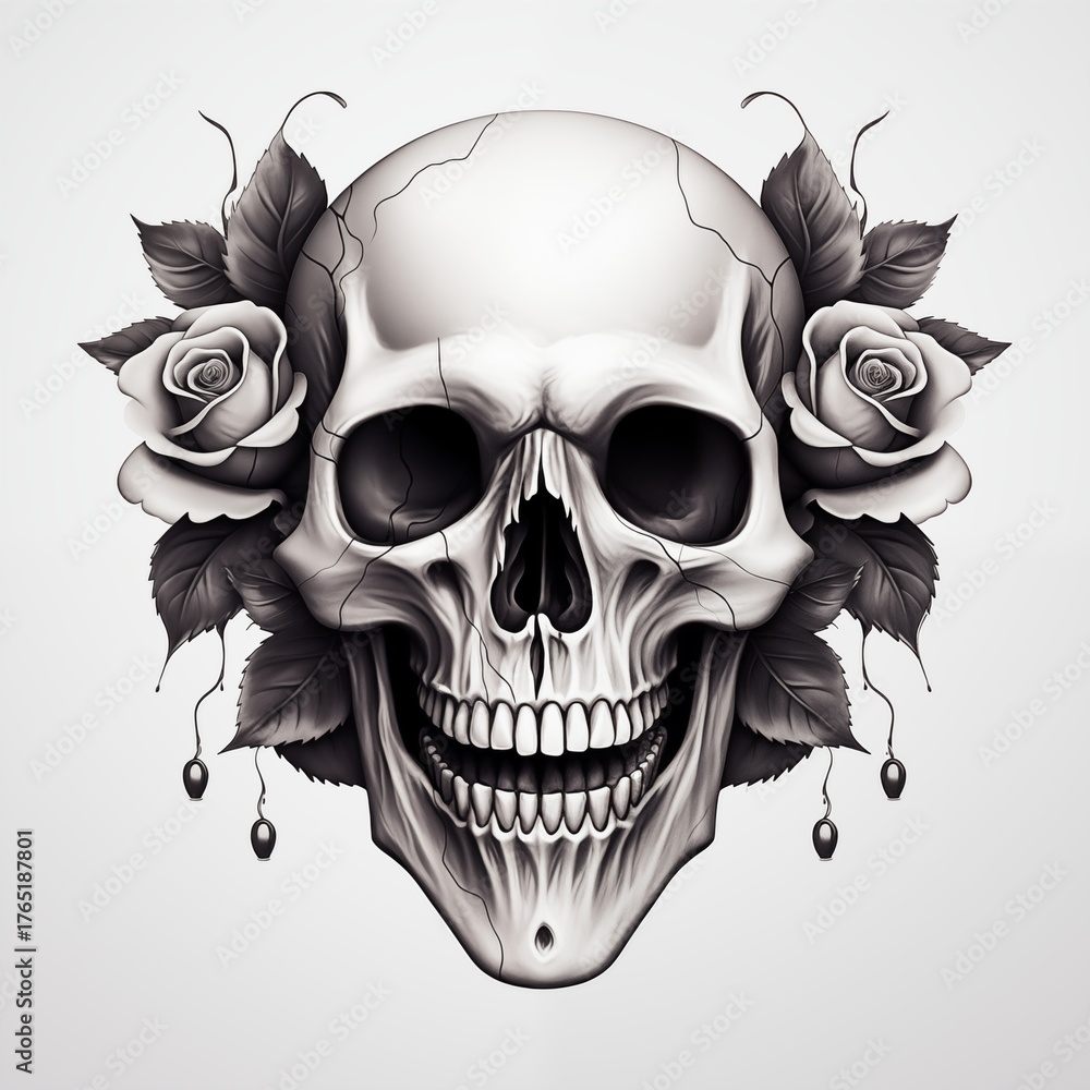 Obraz premium Detailed black and white pencil sketch of a human skull with cracked bone texture, framed by dark, beautifully blooming roses and foliage.