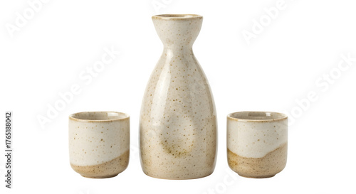 Traditional japanese sake set isolated on transparent background, featuring a ceramic bottle and two cups for enjoying the rice wine