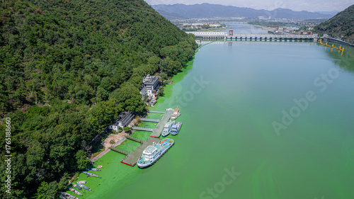 Aerial View of Fuchunjiang Hydropower Station and Green Riverfront
