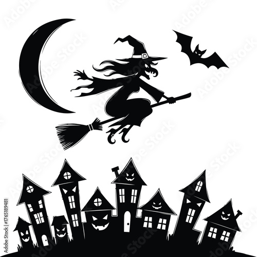 Vector illustration of witch flying over haunted houses at night