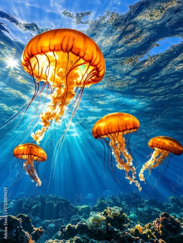Underwater action majestic jellyfish dance ocean depths nature photography vibrant environment serene concept